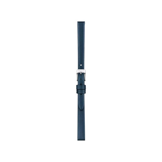 The Tissot Official Blue Leather Strap Lugs 09 mm is a dark blue leather watch strap from Tissot, featuring a silver buckle. Displayed against a plain white background, the strap has a straight, unused appearance with a single loop holder and a minimalist design.