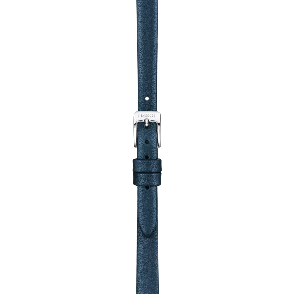 The Tissot Official Blue Leather Strap Lugs 09 mm features blue leather with edge stitching and an adjustable fit, and includes a silver buckle engraved with "Tissot.