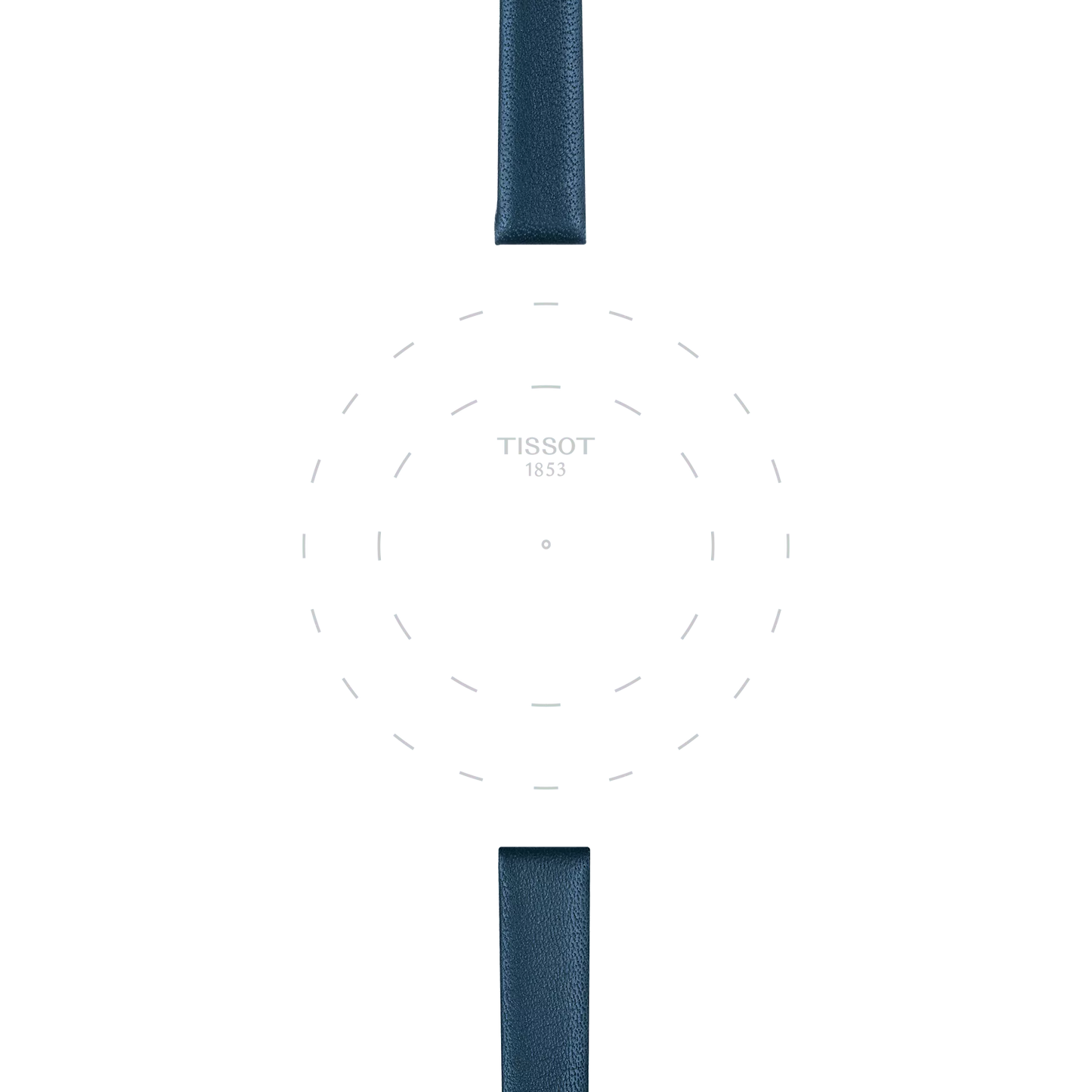 Featuring a minimalist watch face with "TISSOT 1853" centered, the Tissot Official Blue Leather Strap Lugs 09 mm displays blue leather straps from the renowned brand Tissot at the top and bottom. Dashed lines form concentric circles against a white background, and there are no watch hands present.