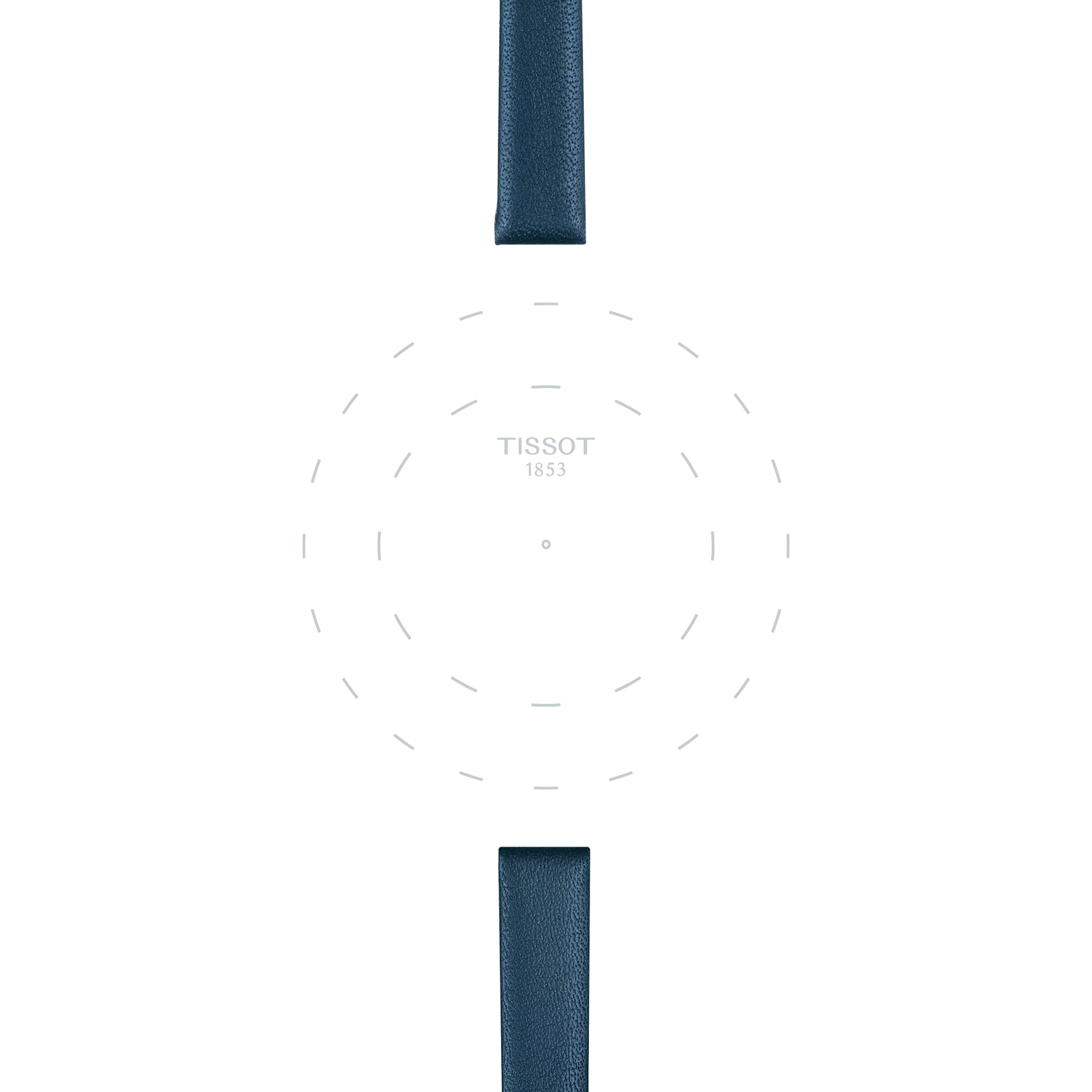 Featuring a minimalist watch face with "TISSOT 1853" centered, the Tissot Official Blue Leather Strap Lugs 09 mm displays blue leather straps from the renowned brand Tissot at the top and bottom. Dashed lines form concentric circles against a white background, and there are no watch hands present.