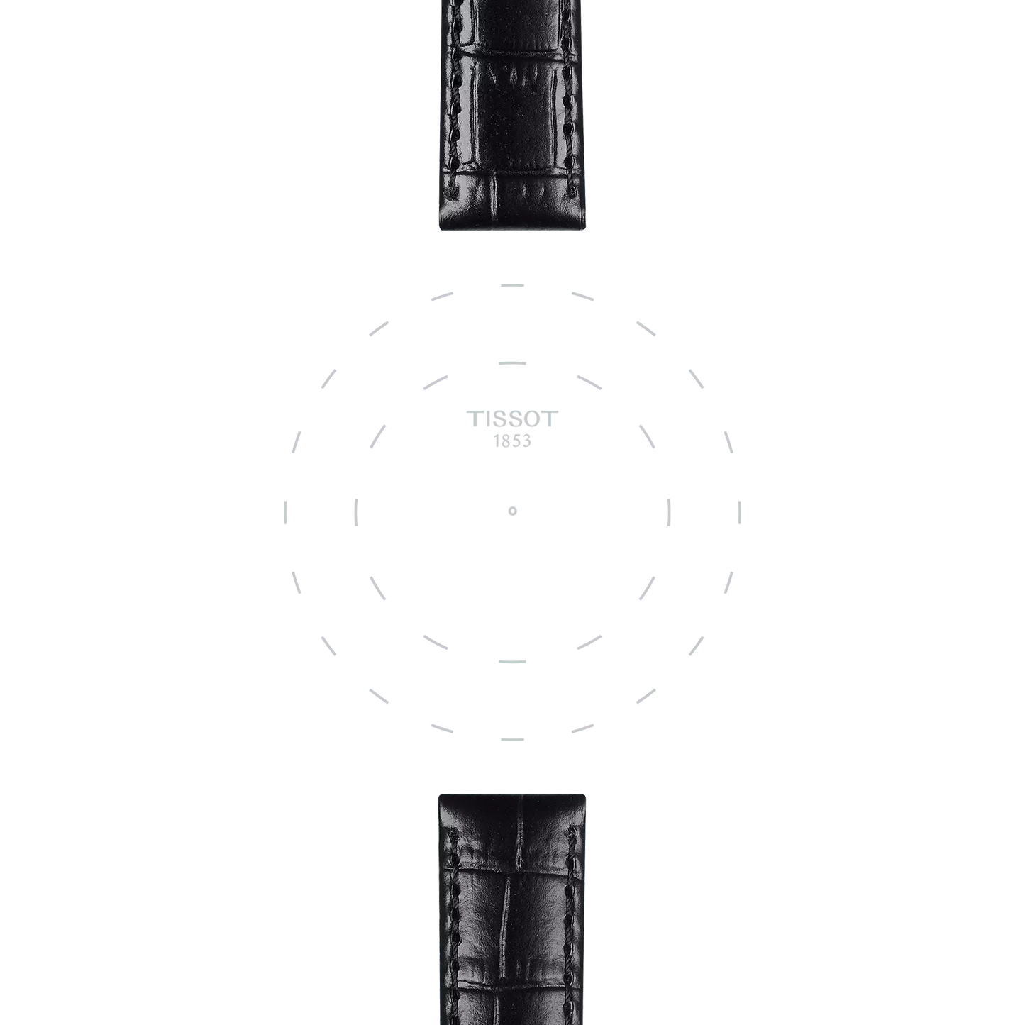 Minimalist image highlighting only the Tissot Official Black Leather Strap Lugs 15 mm with dotted outlines of the dial; "TISSOT" is written in the center on a white background.