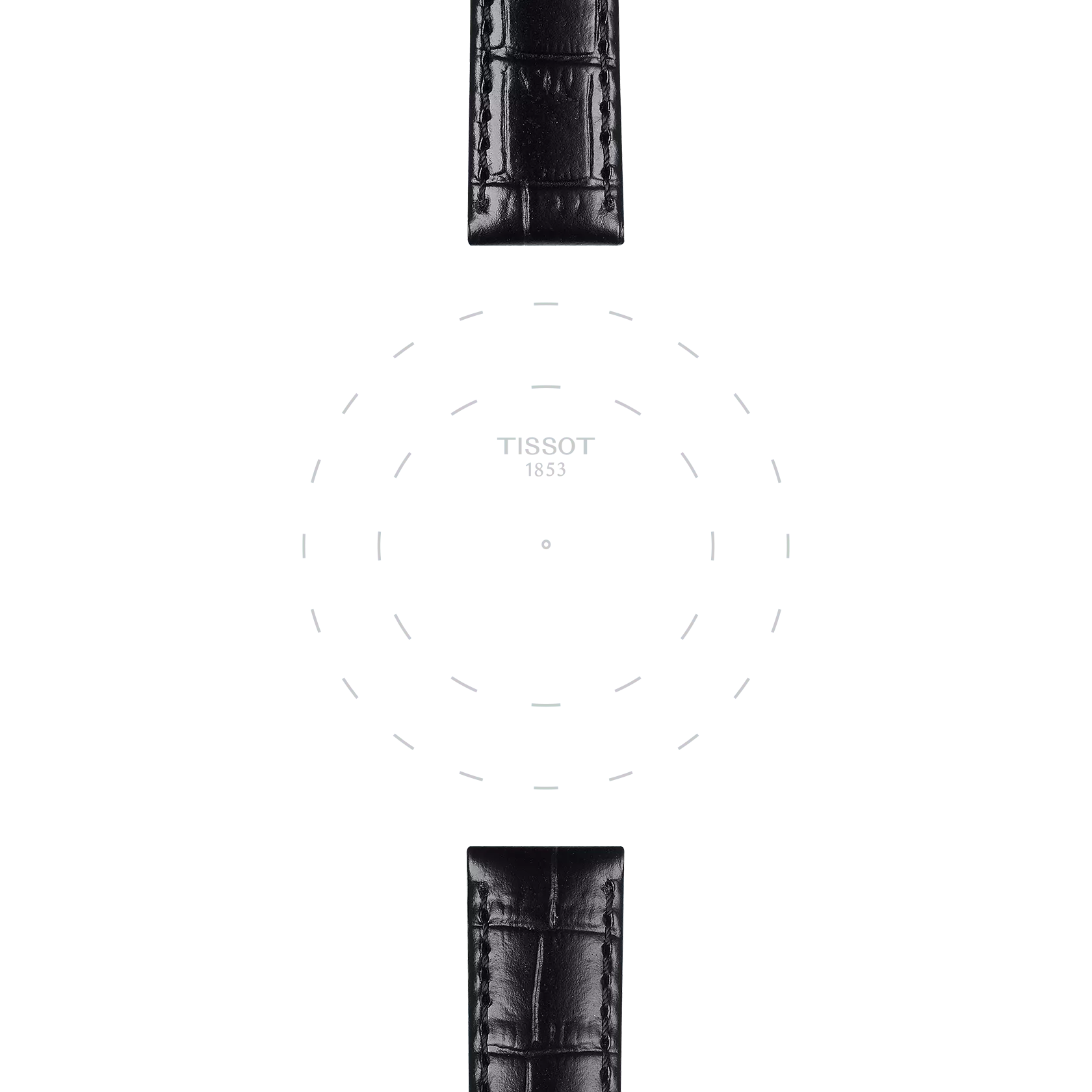 Minimalist image highlighting only the Tissot Official Black Leather Strap Lugs 15 mm with dotted outlines of the dial; "TISSOT" is written in the center on a white background.