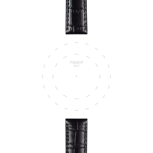 Minimalist image highlighting only the Tissot Official Black Leather Strap Lugs 15 mm with dotted outlines of the dial; "TISSOT" is written in the center on a white background.
