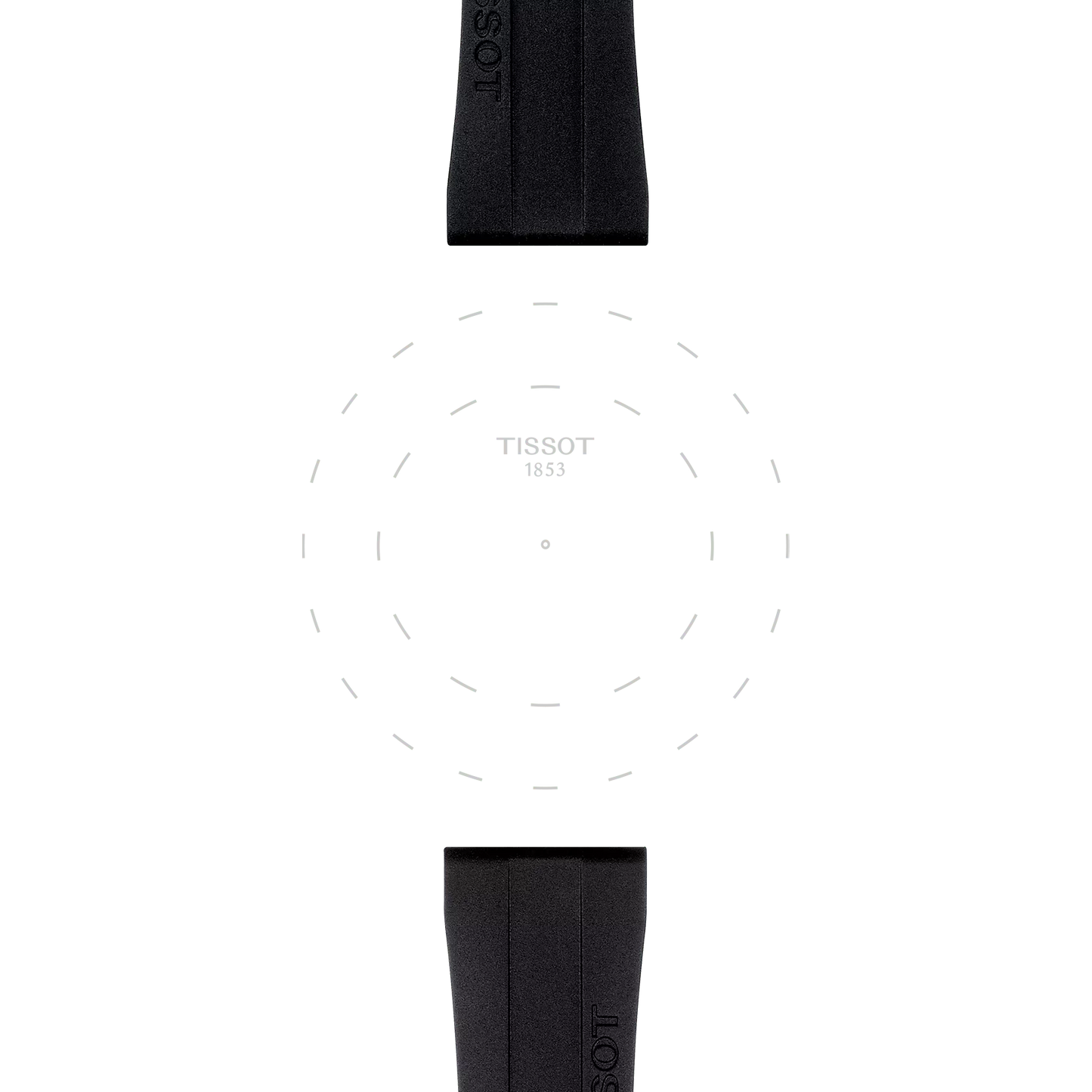 Minimalist image of the Tissot Official Black Rubber Strap Lugs 20 mm on a white background, featuring the Tissot logo and "1853" at the center, with subtle dashed circular lines surrounding the logo.