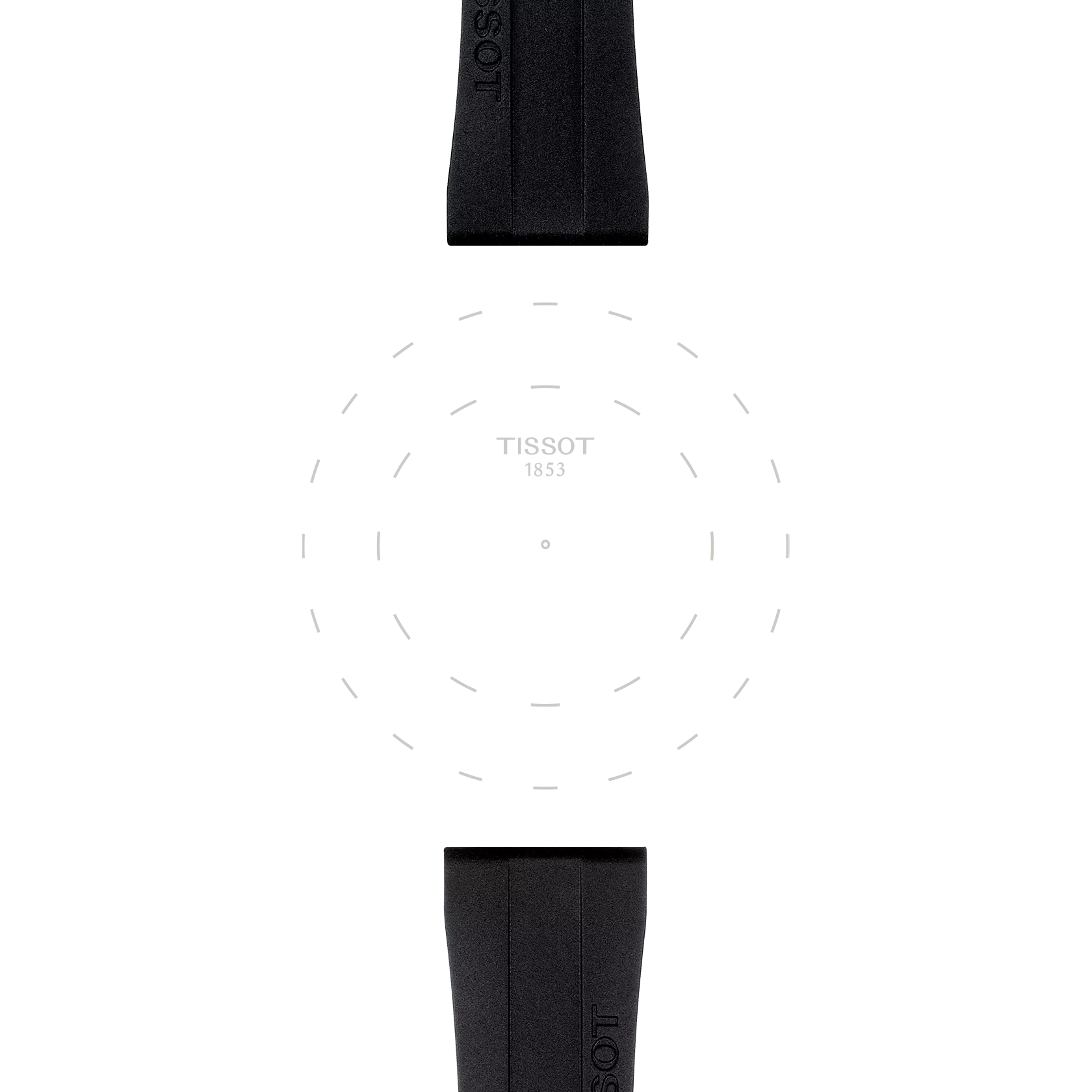 Minimalist image of the Tissot Official Black Rubber Strap Lugs 20 mm on a white background, featuring the Tissot logo and "1853" at the center, with subtle dashed circular lines surrounding the logo.
