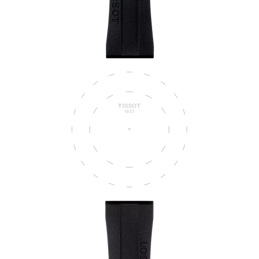 Minimalist image of the Tissot Official Black Rubber Strap Lugs 20 mm on a white background, featuring the Tissot logo and "1853" at the center, with subtle dashed circular lines surrounding the logo.