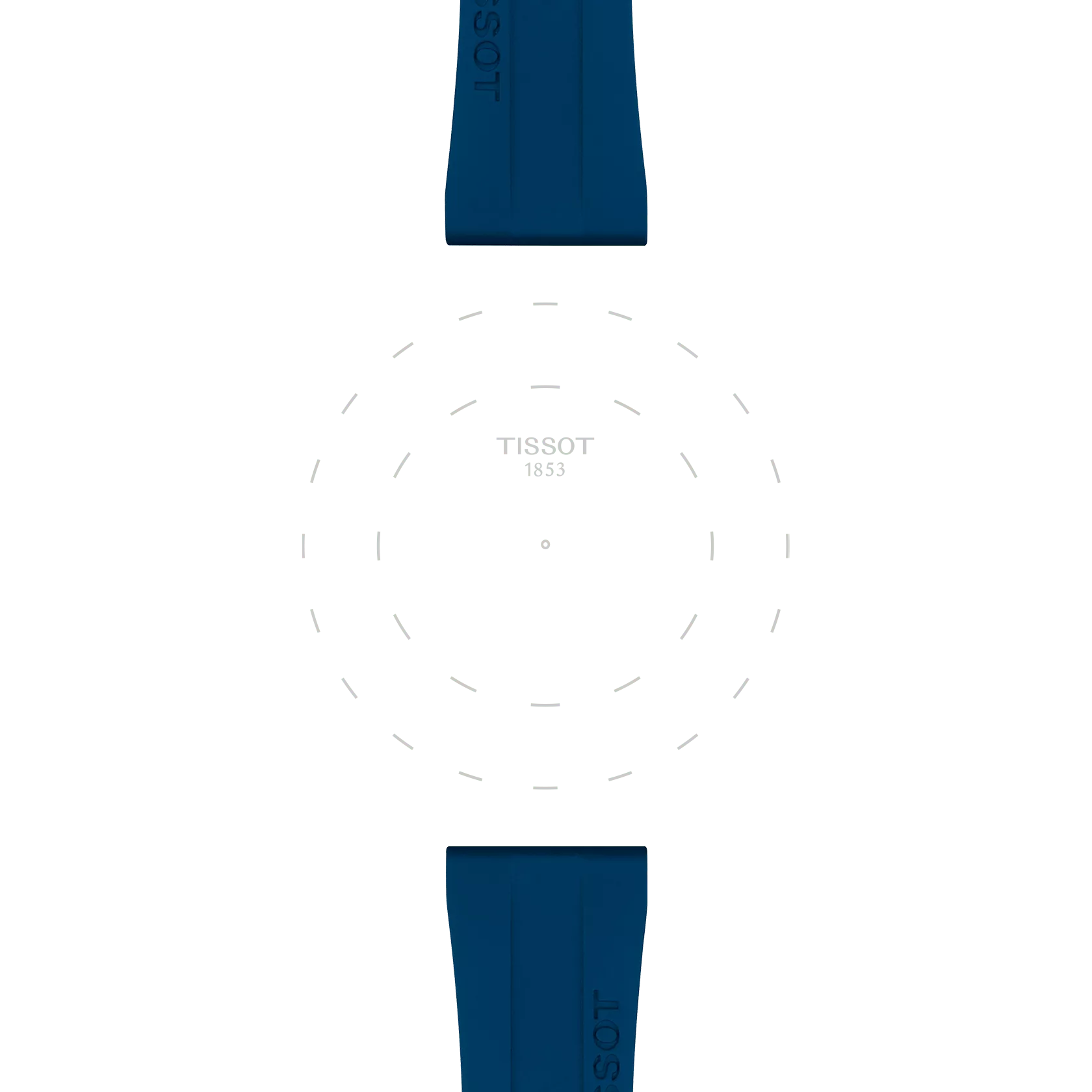 The Tissot Official Blue Rubber Strap Lugs 20 mm are arranged above and below a faint, dashed outline of a watch face with "Tissot 1853" centered on a white background.