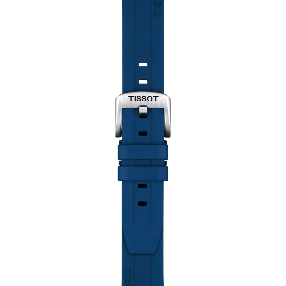 A Tissot Official Blue Rubber Strap (20 mm lugs) featuring a silver buckle engraved with the "TISSOT" brand name, displayed vertically against a white background.