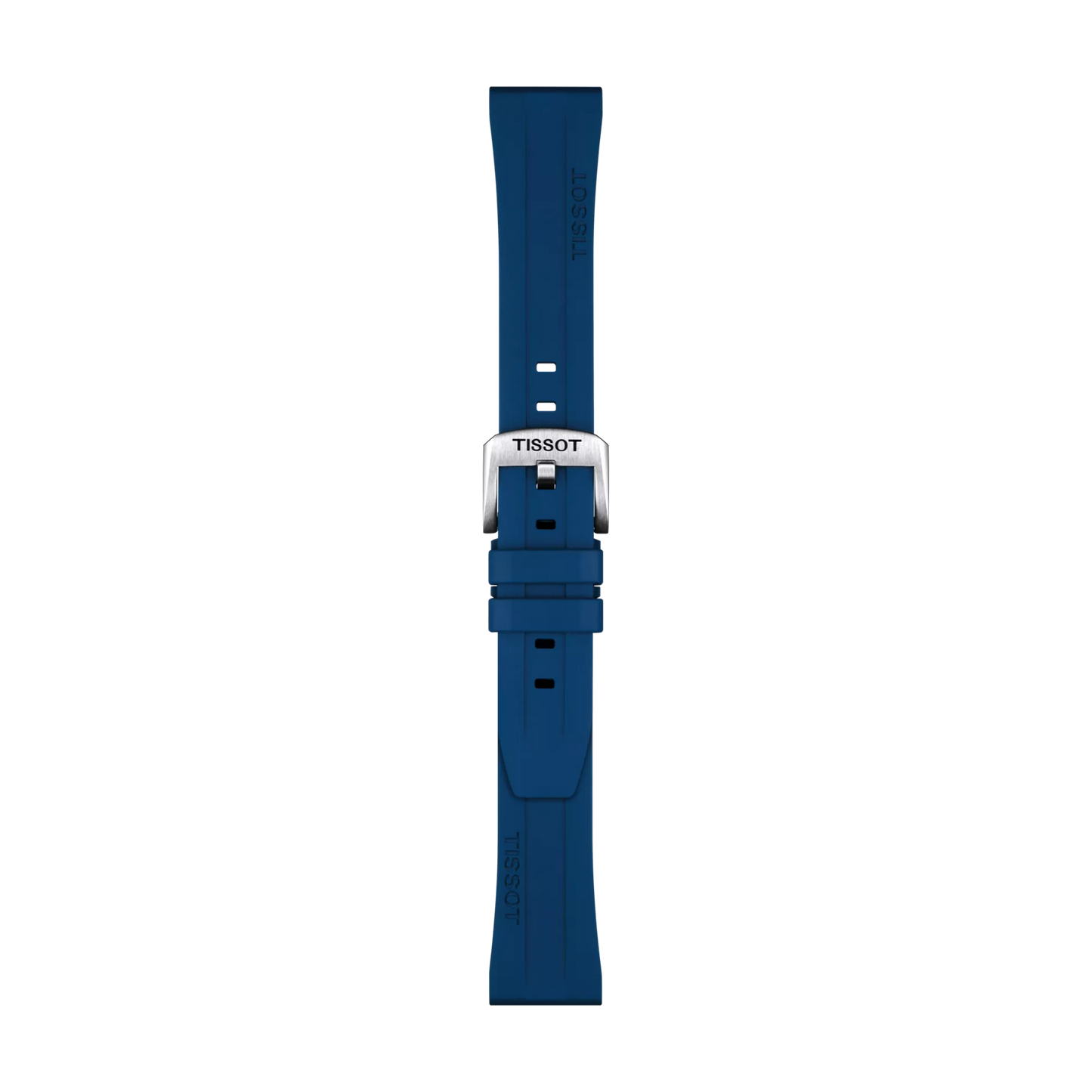 Tissot Official Blue Rubber Strap with 20 mm lugs and a silver buckle, viewed from above against a white background. The Tissot logo is visible on both the buckle and the strap.
