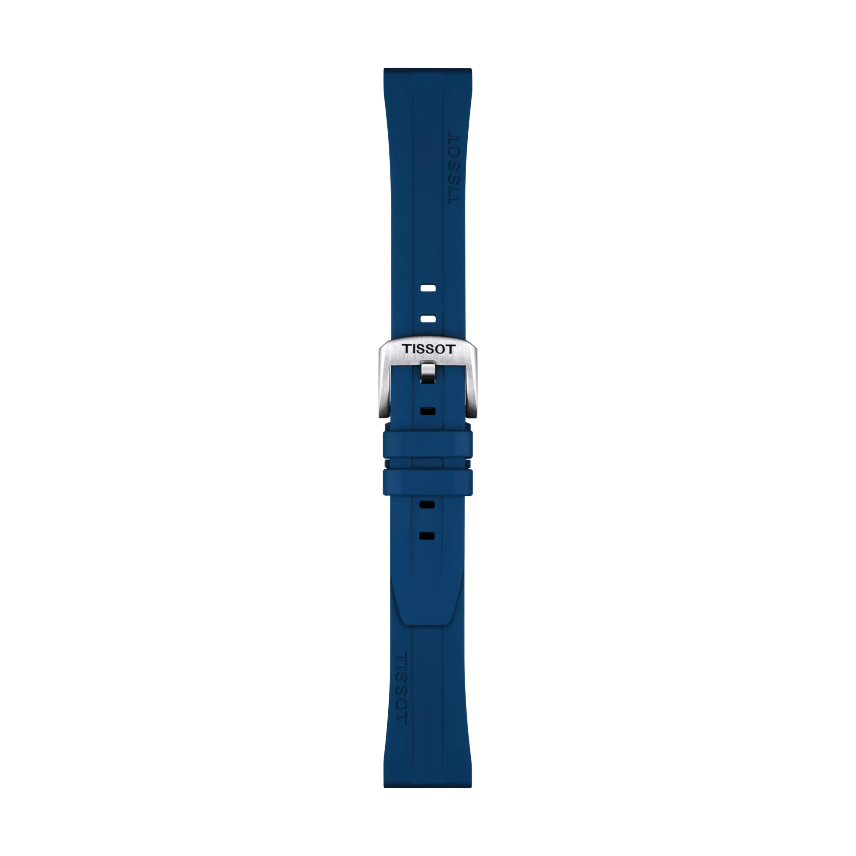 Tissot Official Blue Rubber Strap with 20 mm lugs and a silver buckle, viewed from above against a white background. The Tissot logo is visible on both the buckle and the strap.