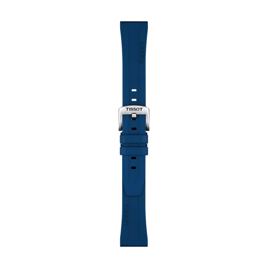 Tissot Official Blue Rubber Strap with 20 mm lugs and a silver buckle, viewed from above against a white background. The Tissot logo is visible on both the buckle and the strap.