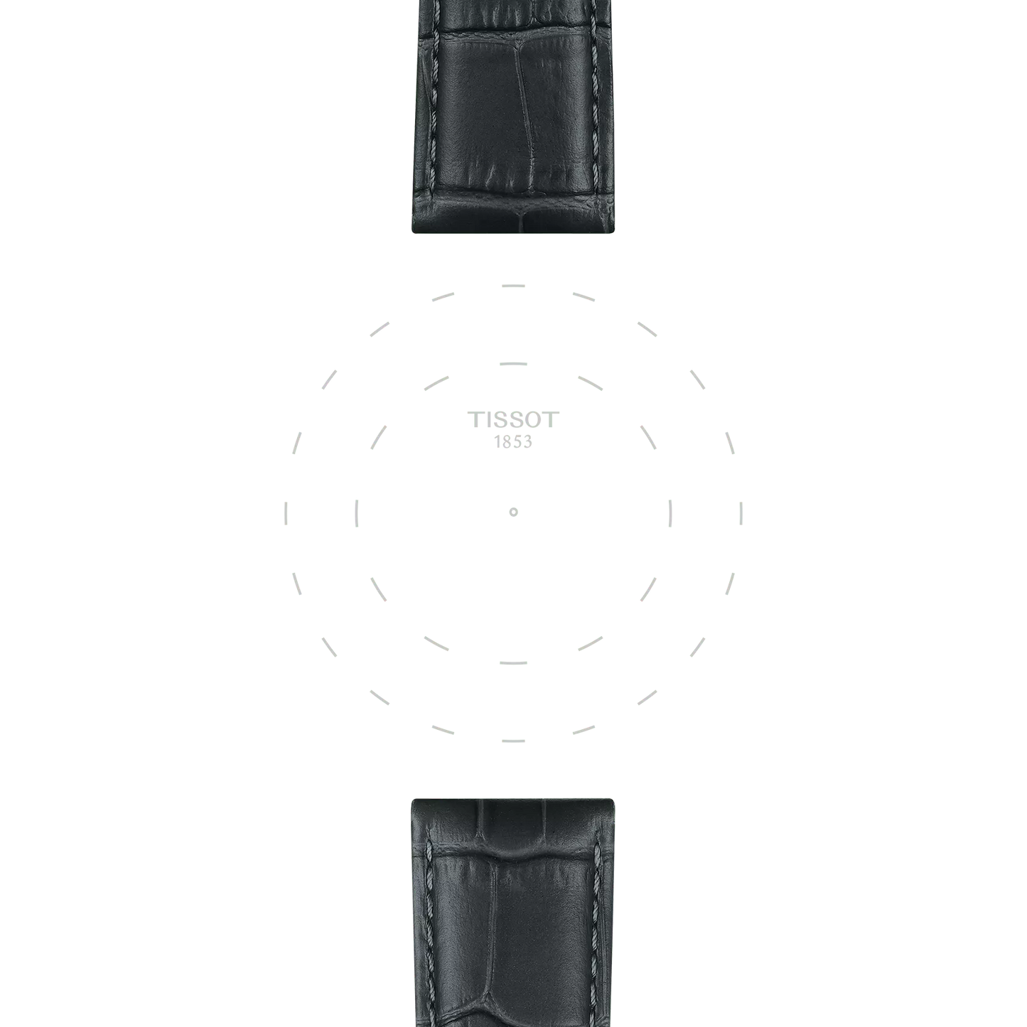 Grey leather watch straps at the top and bottom with a blank white watch face in the center, displaying the Tissot logo and dashed circular markings, but no hands or numbers. The watch features the Tissot Official Grey Leather Strap Lugs 21 mm.