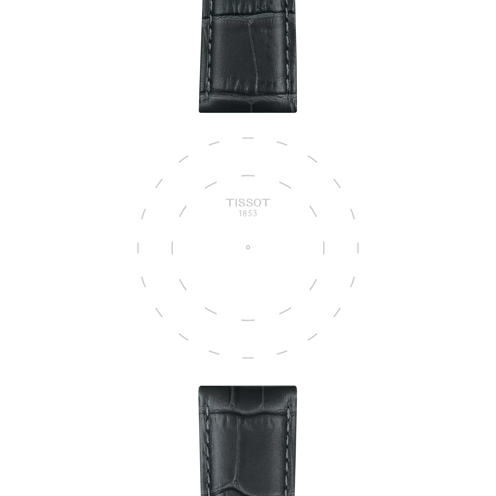Grey leather watch straps at the top and bottom with a blank white watch face in the center, displaying the Tissot logo and dashed circular markings, but no hands or numbers. The watch features the Tissot Official Grey Leather Strap Lugs 21 mm.