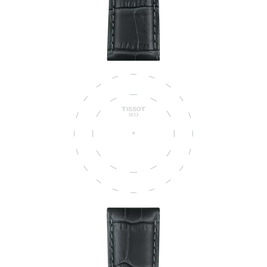Grey leather watch straps at the top and bottom with a blank white watch face in the center, displaying the Tissot logo and dashed circular markings, but no hands or numbers. The watch features the Tissot Official Grey Leather Strap Lugs 21 mm.