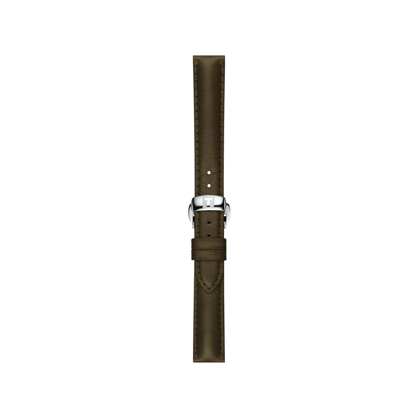 The Tissot Official Green Leather Strap with 15 mm lugs is shown vertically on a plain white background, featuring an olive green tone with visible edge stitching and a silver buckle.
