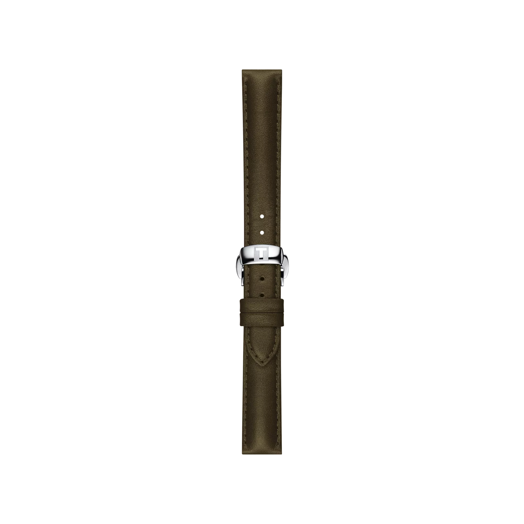The Tissot Official Green Leather Strap with 15 mm lugs is shown vertically on a plain white background, featuring an olive green tone with visible edge stitching and a silver buckle.