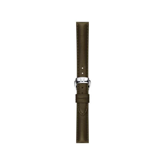 The Tissot Official Green Leather Strap with 15 mm lugs is shown vertically on a plain white background, featuring an olive green tone with visible edge stitching and a silver buckle.