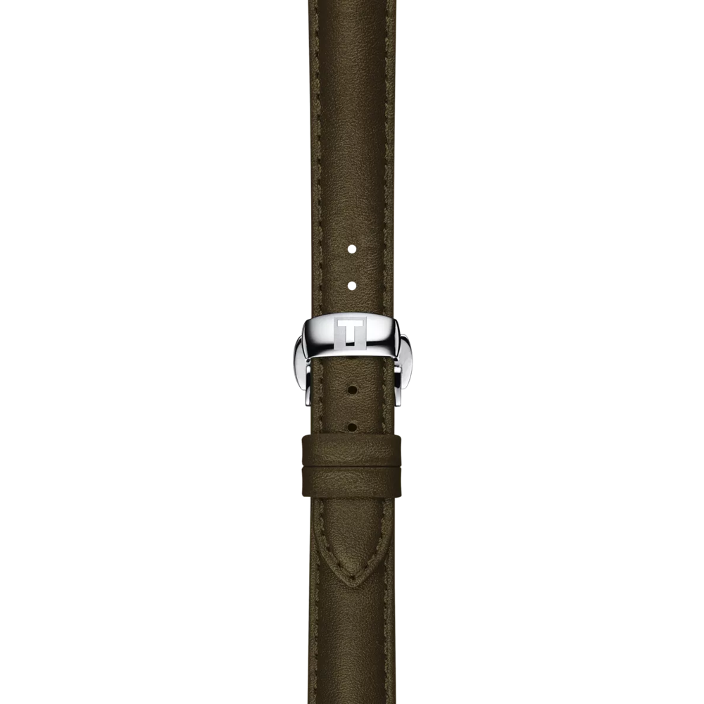 A close-up of the Tissot Official Green Leather Strap with a silver buckle engraved with a "T," displayed against a plain white background.