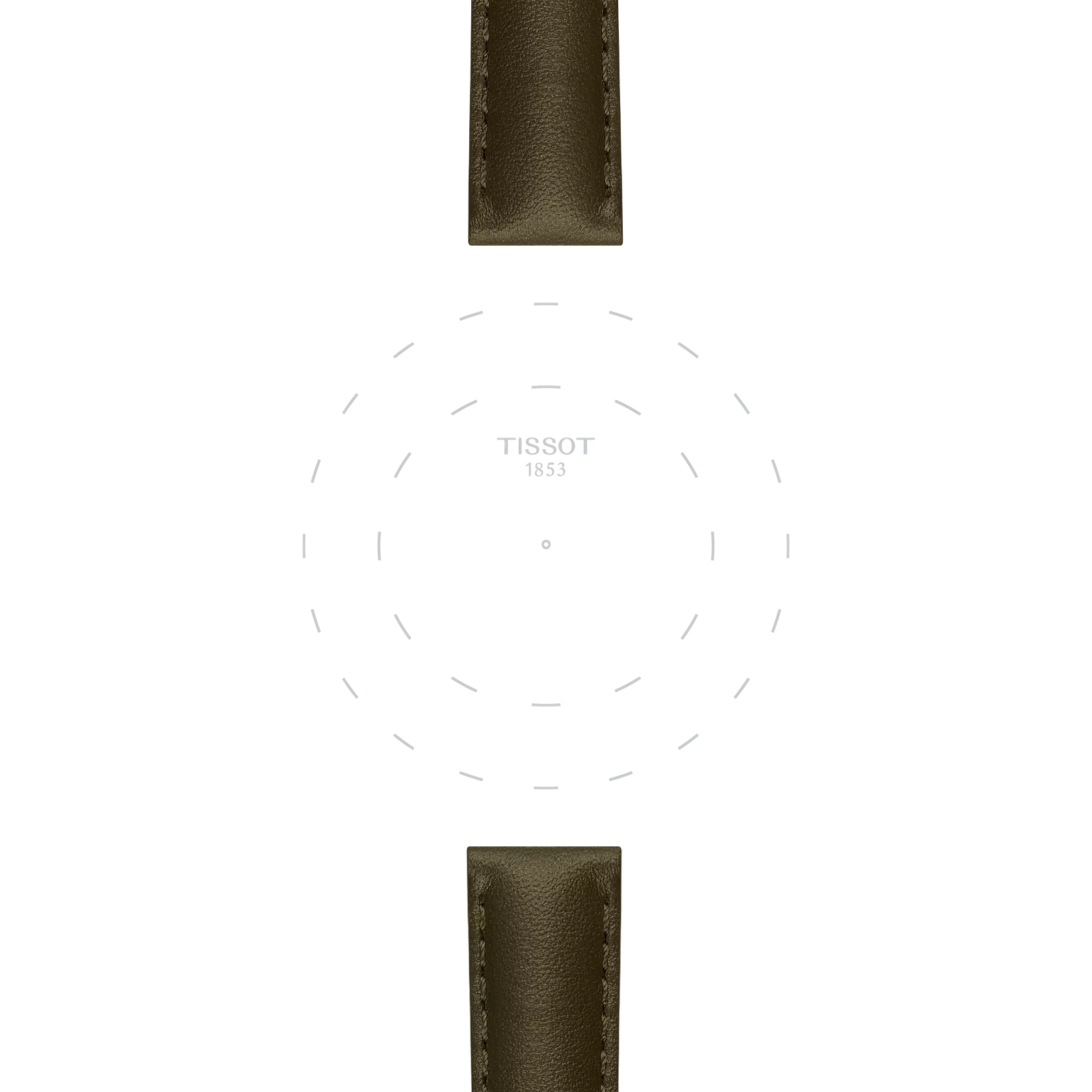 A minimalist watch face featuring the "Tissot" brand at the center, without hands or numerals, is paired with two green leather straps—Tissot Official Green Leather Strap Lugs 15 mm—positioned above and below the face.
