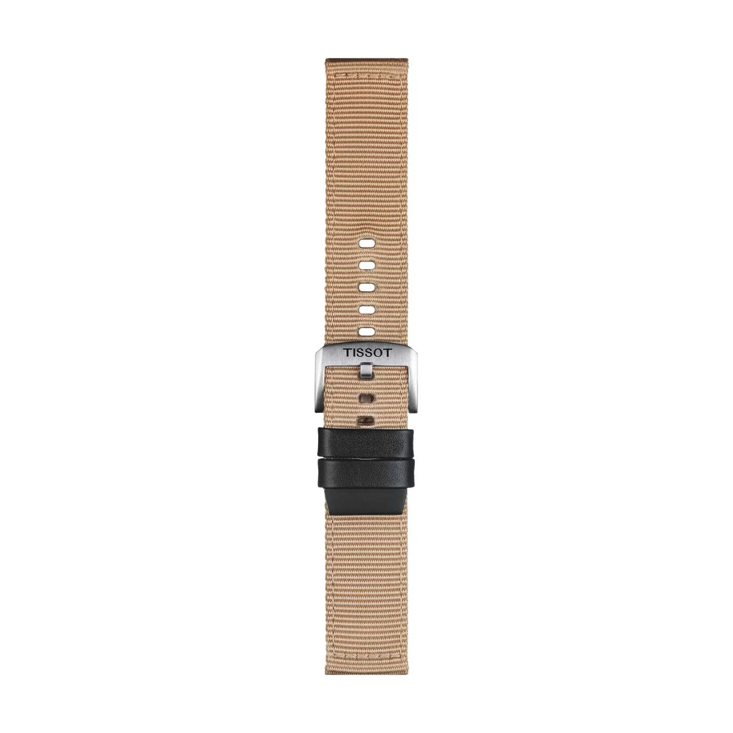 A Tissot Official Beige Fabric Strap for 22 mm lugs, featuring a silver buckle and black loop, displayed vertically on a white background.
