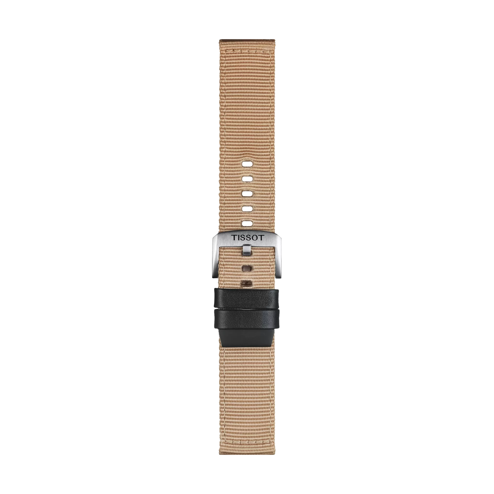 A Tissot Official Beige Fabric Strap for 22 mm lugs, featuring a silver buckle and black loop, displayed vertically on a white background.