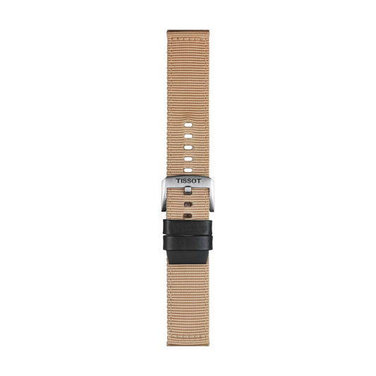 A Tissot Official Beige Fabric Strap for 22 mm lugs, featuring a silver buckle and black loop, displayed vertically on a white background.