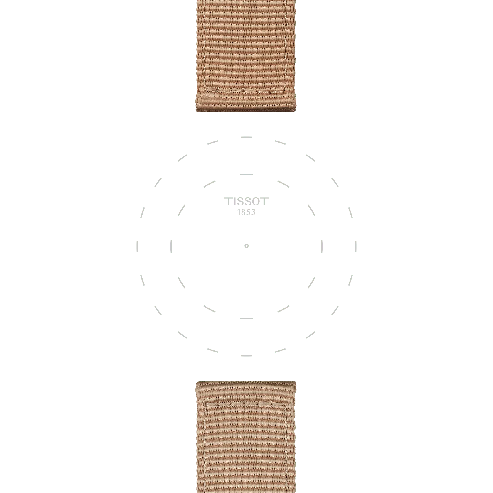 Minimalist watch face featuring dashed hour markers and "TISSOT 1853" at the center, framed by two Tissot Official Beige Fabric Straps (22 mm lugs) above and below, set against a white background.
