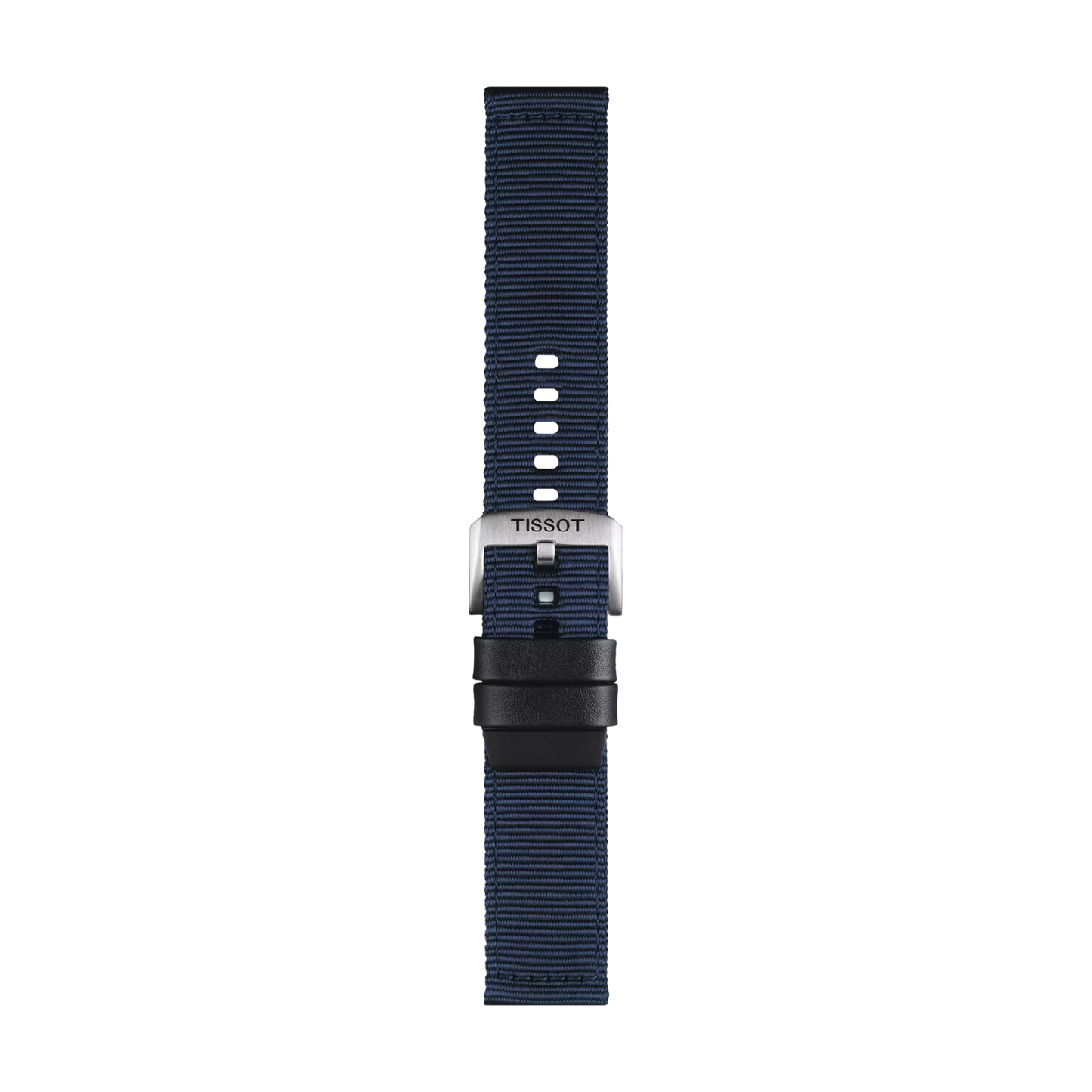 The Tissot Official Blue Fabric Strap features a navy blue design with black loops and multiple adjustment holes, complemented by a silver buckle engraved with "TISSOT." This strap has 22 mm lugs and is displayed on a plain white background.