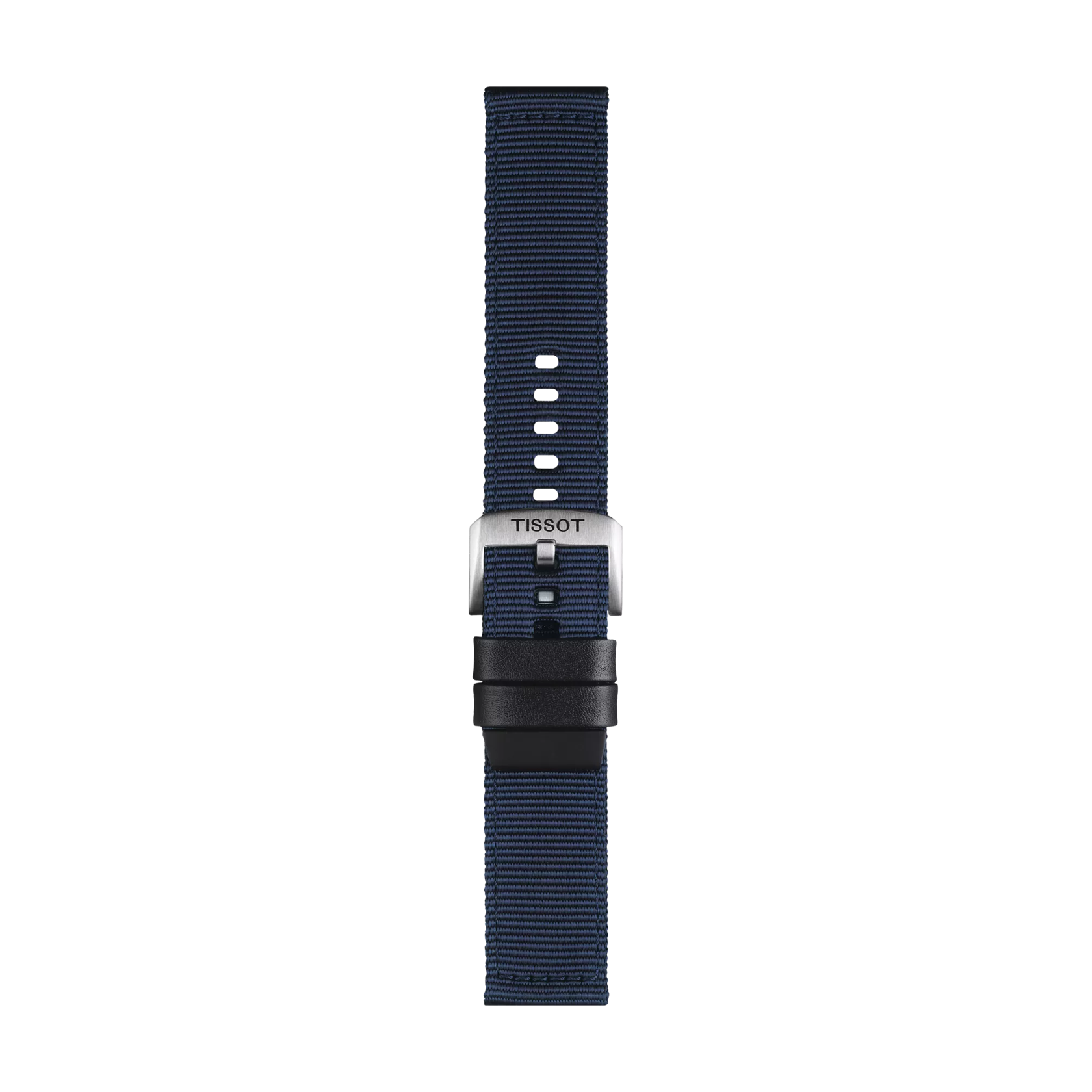 The Tissot Official Blue Fabric Strap features a navy blue design with black loops and multiple adjustment holes, complemented by a silver buckle engraved with "TISSOT." This strap has 22 mm lugs and is displayed on a plain white background.