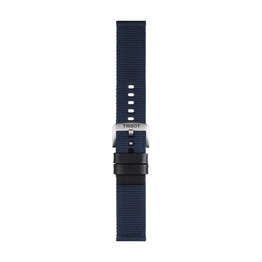 The Tissot Official Blue Fabric Strap features a navy blue design with black loops and multiple adjustment holes, complemented by a silver buckle engraved with "TISSOT." This strap has 22 mm lugs and is displayed on a plain white background.