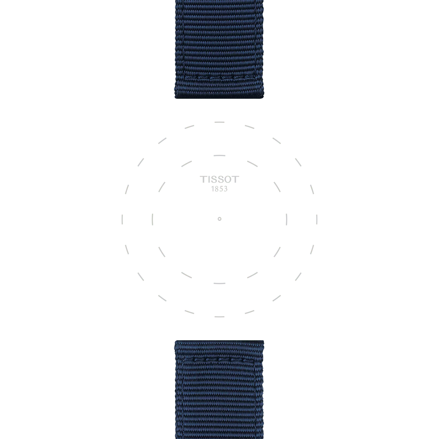 Featuring a minimalist watch face with subtle gray tick marks and "TISSOT 1853" displayed at the center, this watch is paired with two navy blue Tissot Official Blue Fabric Strap Lugs (22 mm) at the top and bottom, all set against a white background.