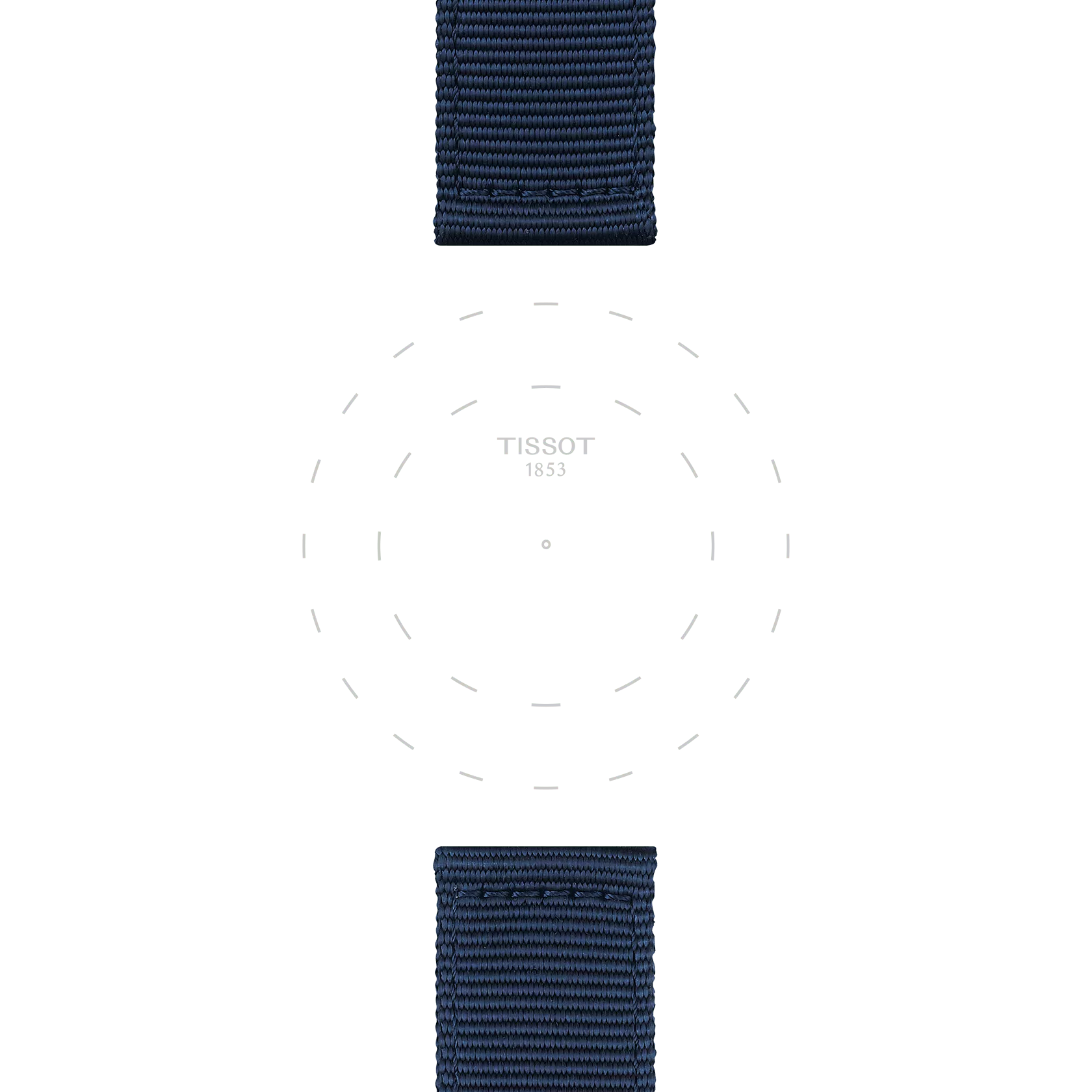 Featuring a minimalist watch face with subtle gray tick marks and "TISSOT 1853" displayed at the center, this watch is paired with two navy blue Tissot Official Blue Fabric Strap Lugs (22 mm) at the top and bottom, all set against a white background.