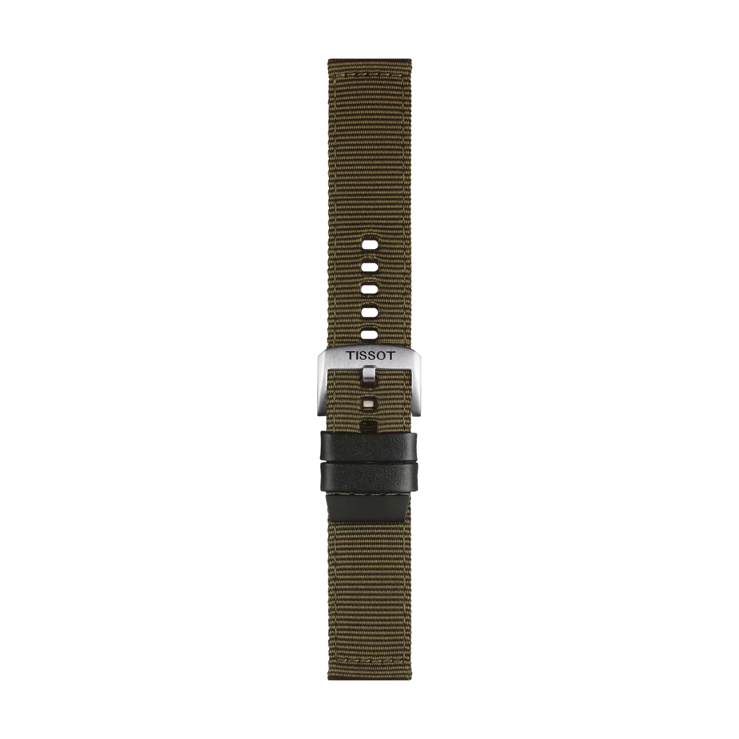 Tissot Official Khaki Fabric Strap with 22 mm lugs, featuring a silver buckle engraved with "Tissot," multiple adjustment holes, and a black loop near the buckle, shown on a white background.