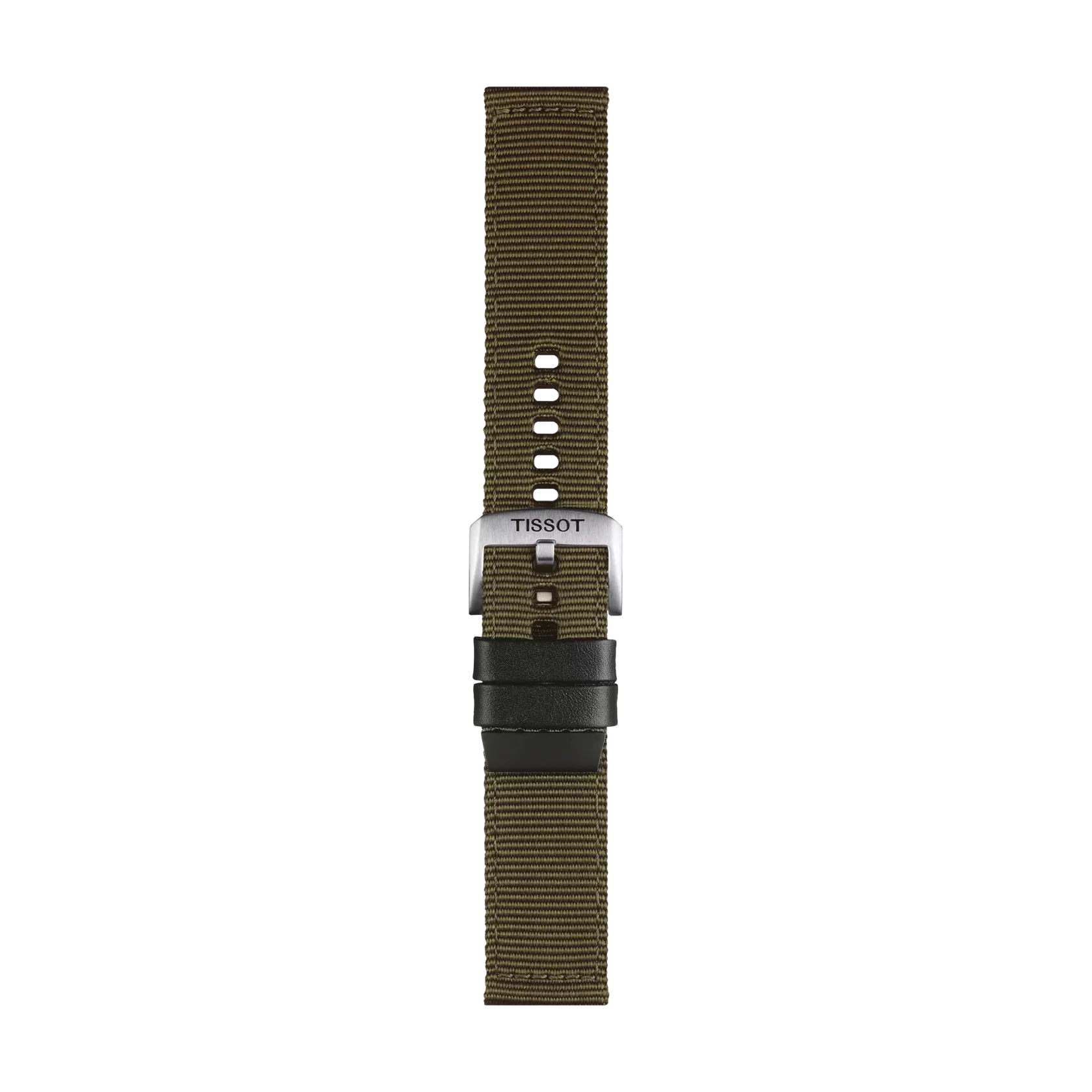 Tissot Official Khaki Fabric Strap with 22 mm lugs, featuring a silver buckle engraved with "Tissot," multiple adjustment holes, and a black loop near the buckle, shown on a white background.