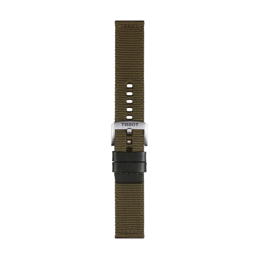 Tissot Official Khaki Fabric Strap with 22 mm lugs, featuring a silver buckle engraved with "Tissot," multiple adjustment holes, and a black loop near the buckle, shown on a white background.