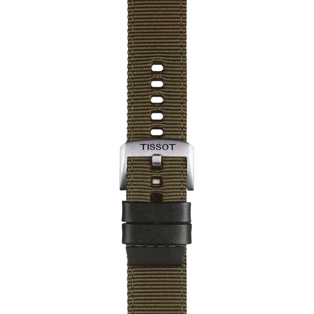 Close-up of the Tissot Official Khaki Fabric Strap (Lugs 22 mm) in a khaki-green color, featuring a silver buckle engraved with "TISSOT" and two black loops, displayed against a plain white background.