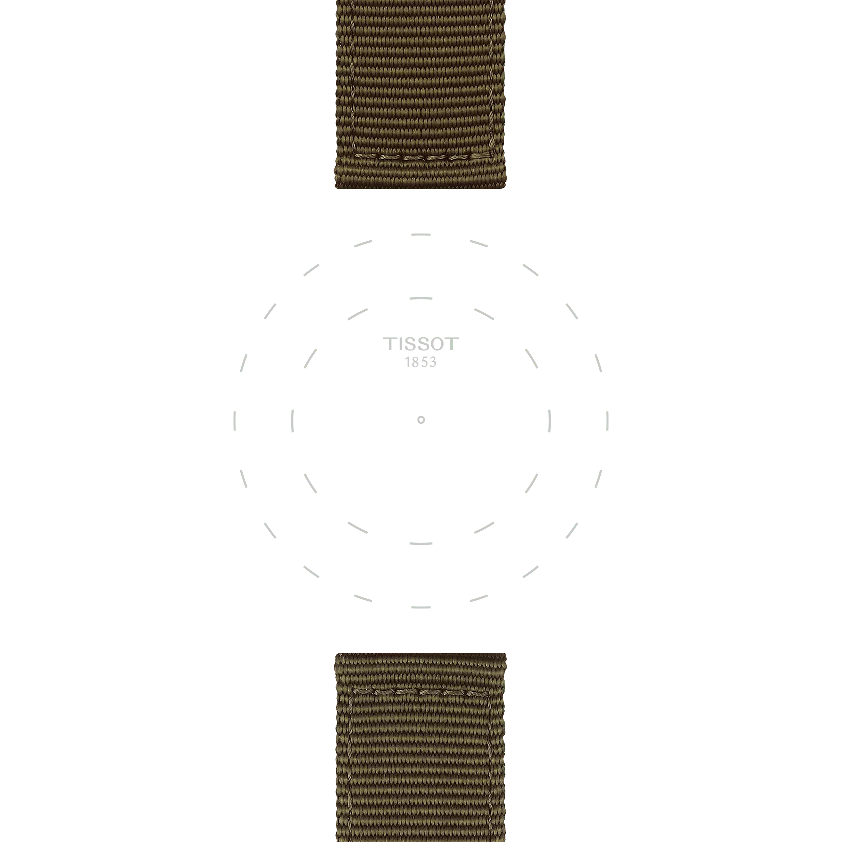 A minimalistic watch face featuring "TISSOT 1853" at the center, encircled by subtle dashed rings and paired with two Tissot Official Khaki Fabric Strap Lugs (22 mm) in brown, positioned at the top and bottom edges.