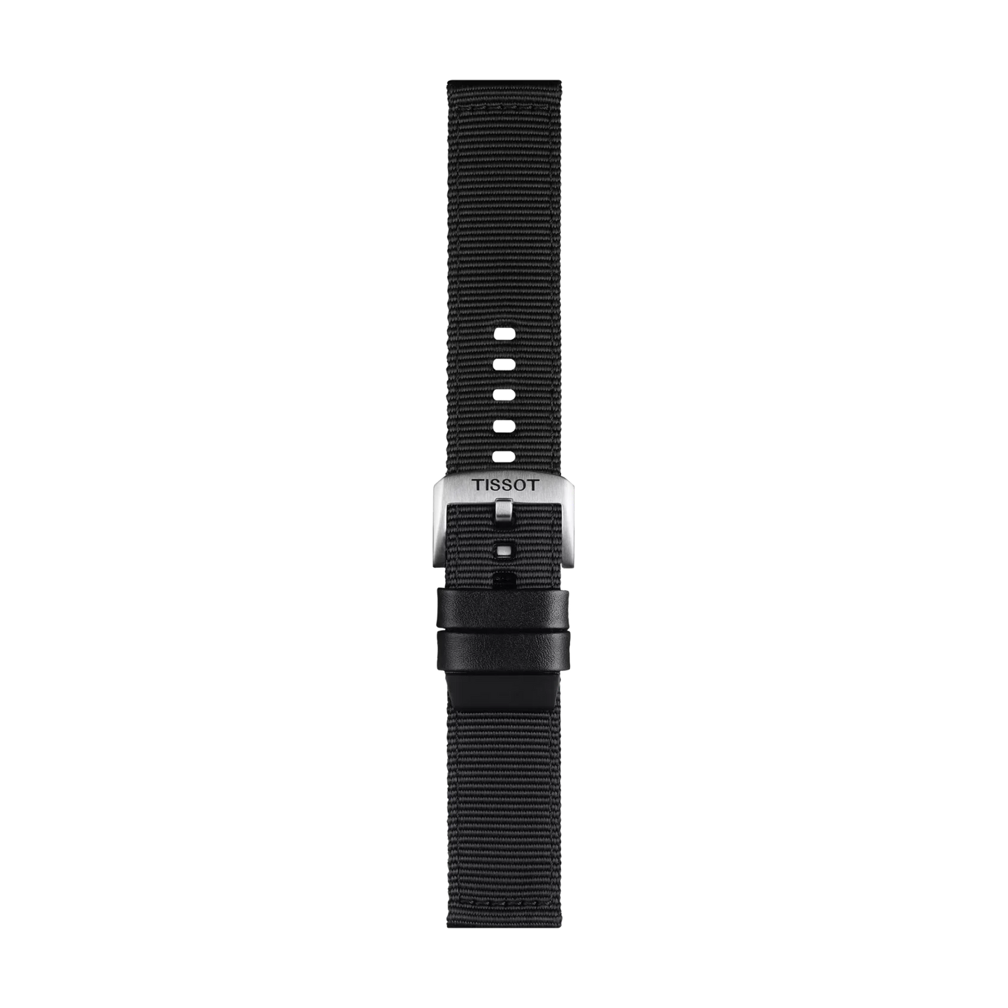 Tissot Official Black Textile Strap with 22 mm lugs, featuring a silver buckle, black strap holder, and multiple holes for adjustable sizing, displayed on a plain white background.
