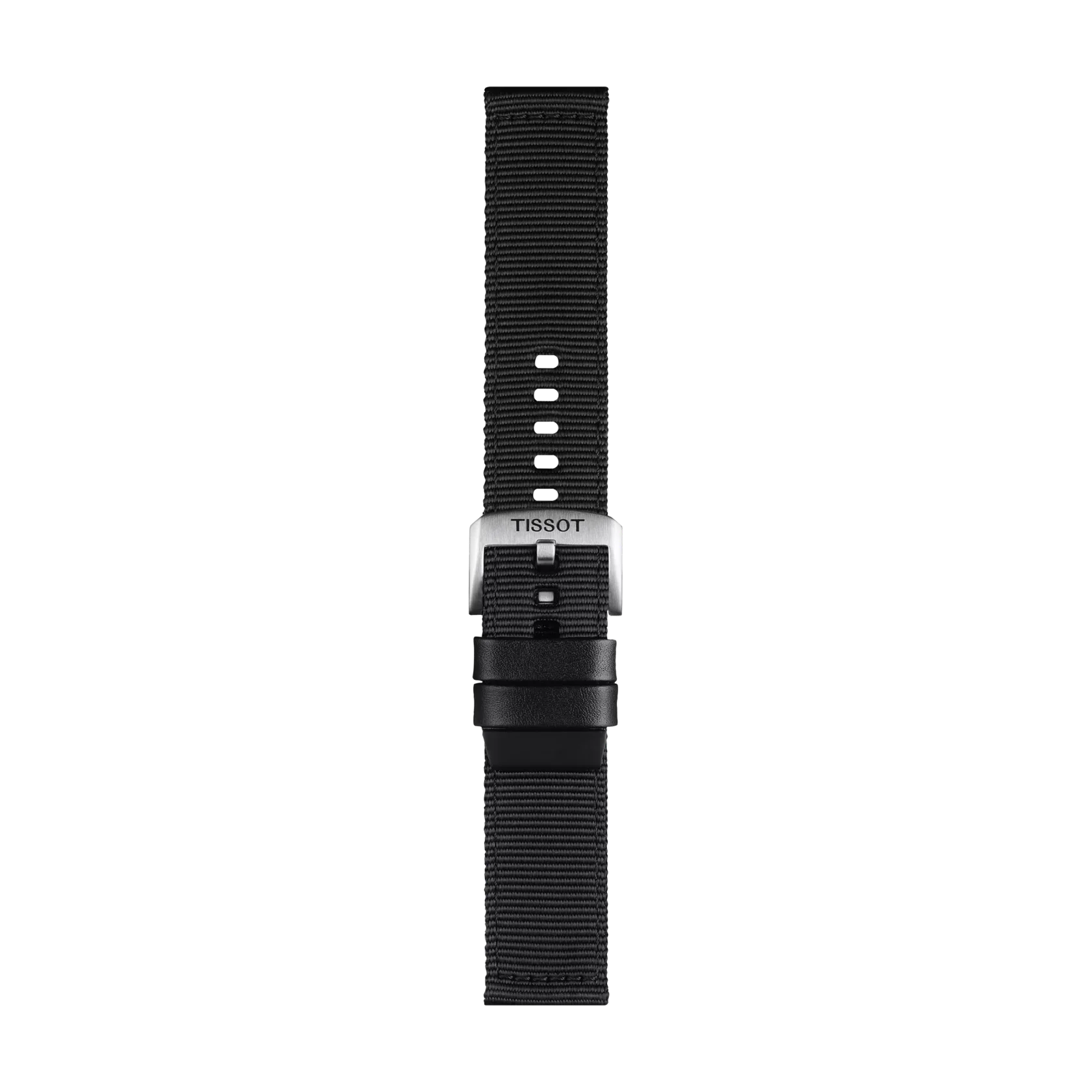 Tissot Official Black Textile Strap with 22 mm lugs, featuring a silver buckle, black strap holder, and multiple holes for adjustable sizing, displayed on a plain white background.