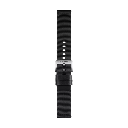 Tissot Official Black Textile Strap with 22 mm lugs, featuring a silver buckle, black strap holder, and multiple holes for adjustable sizing, displayed on a plain white background.