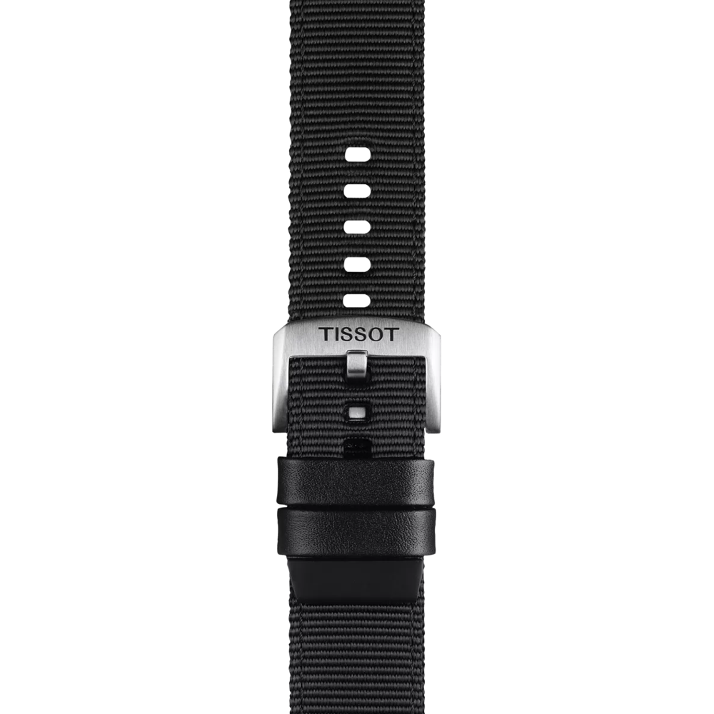 A close-up of the Tissot Official Black Textile Strap (22 mm lugs) shows its black nylon construction, multiple adjustment holes, and two black loops for securing the end. The silver buckle is engraved with the Tissot brand name.