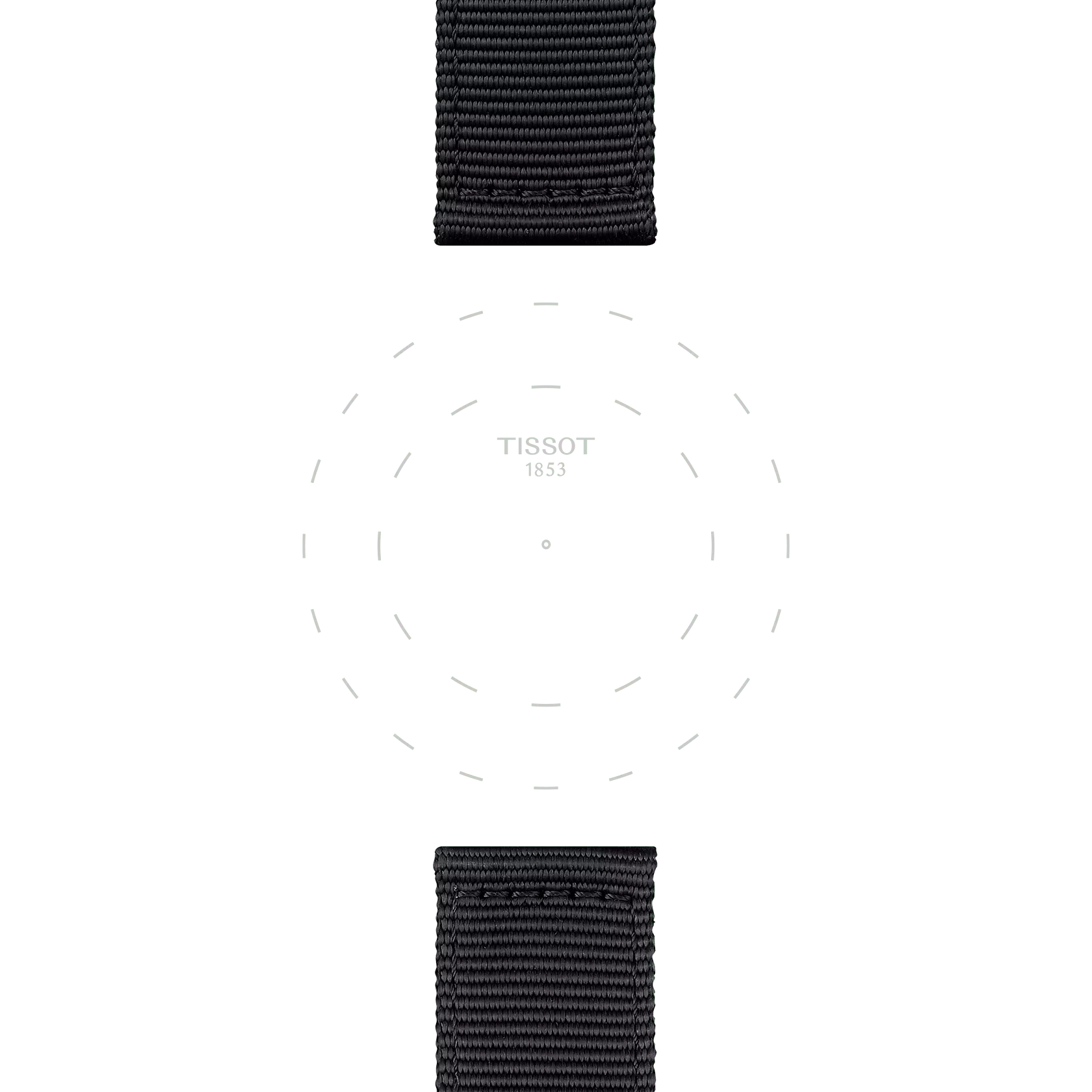 The Tissot Official Black Textile Strap Lugs 22 mm features a minimalist watch face with "Tissot 1853" at the center, circular dotted hour markers, and black textile straps at the top and bottom, set against a white background.