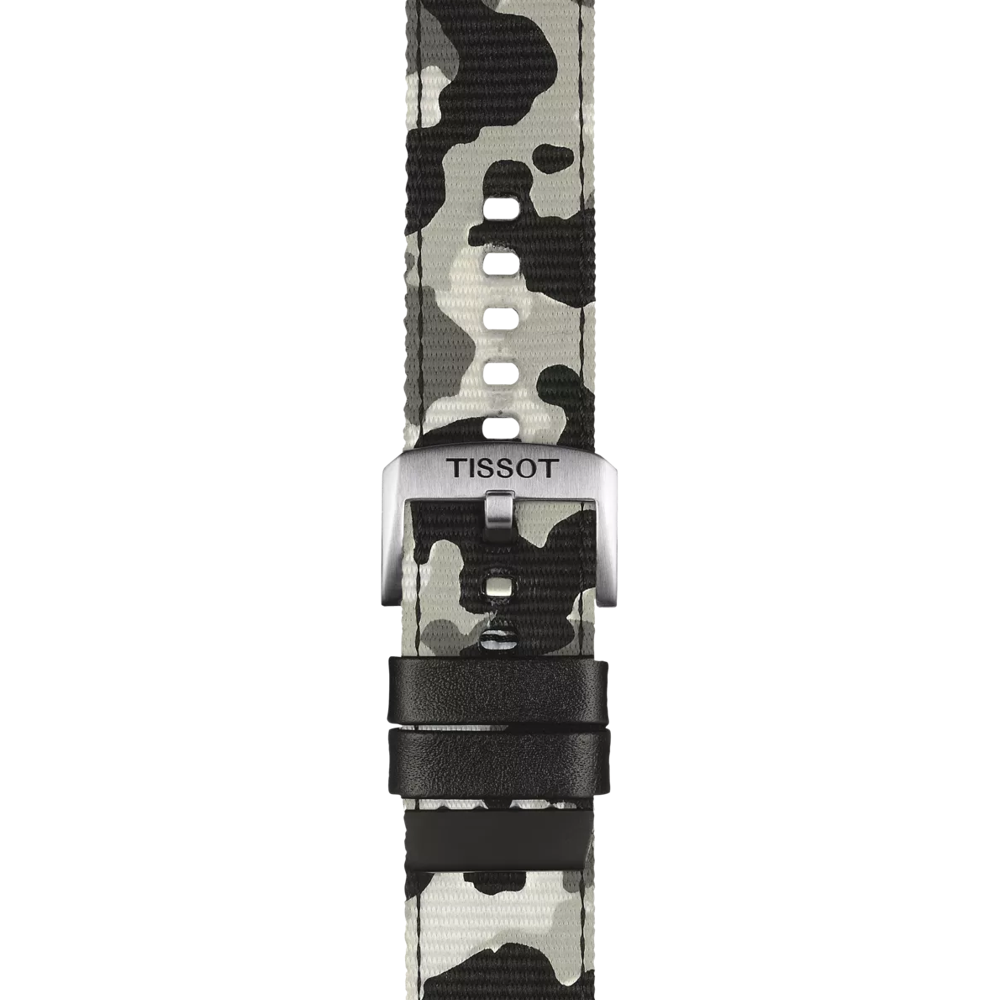 A Tissot Official Khaki Textile Strap with 22 mm lugs, featuring a khaki camouflage pattern, a silver TISSOT-engraved buckle, and two black loops to secure the strap.