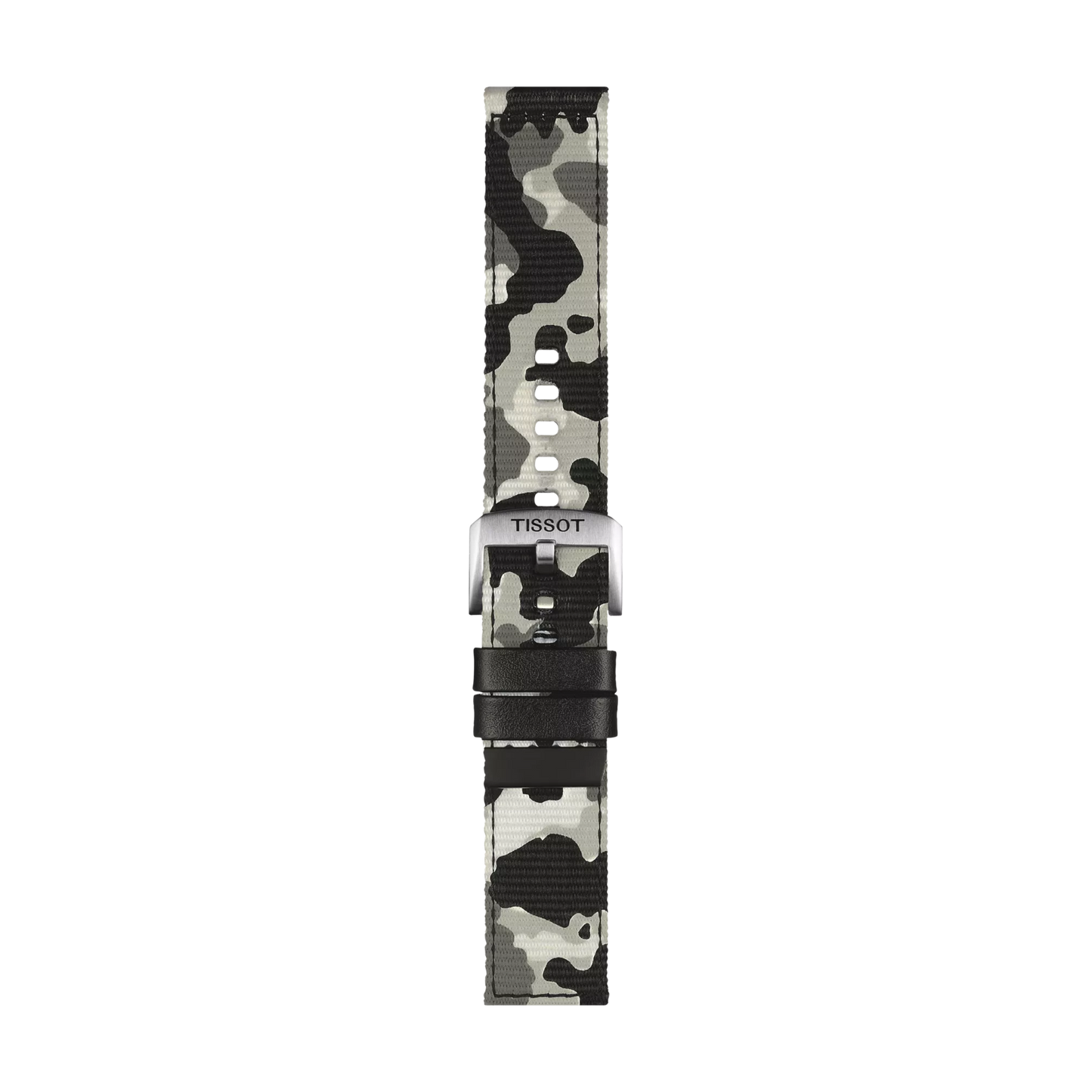The Tissot Official Khaki Textile Strap (22 mm lugs) is displayed vertically against a white background, featuring a black, white, and gray camouflage pattern.