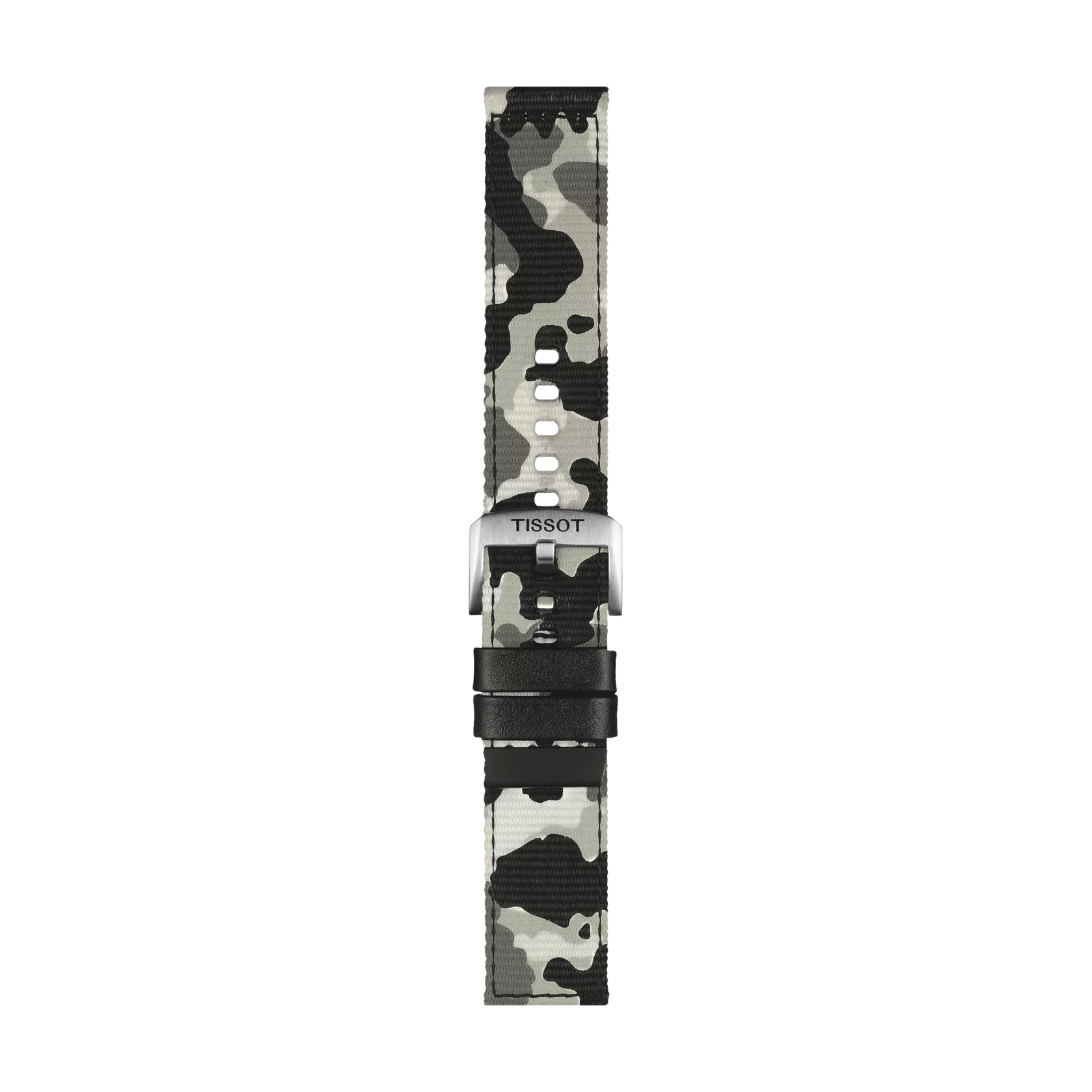 The Tissot Official Khaki Textile Strap (22 mm lugs) is displayed vertically against a white background, featuring a black, white, and gray camouflage pattern.