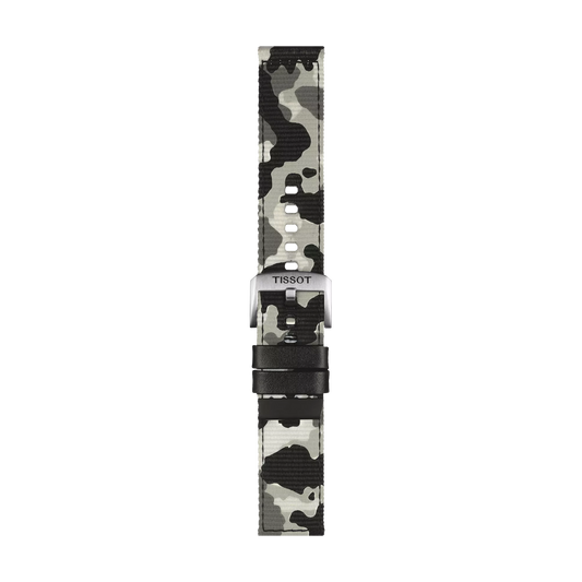 The Tissot Official Khaki Textile Strap (22 mm lugs) is displayed vertically against a white background, featuring a black, white, and gray camouflage pattern.