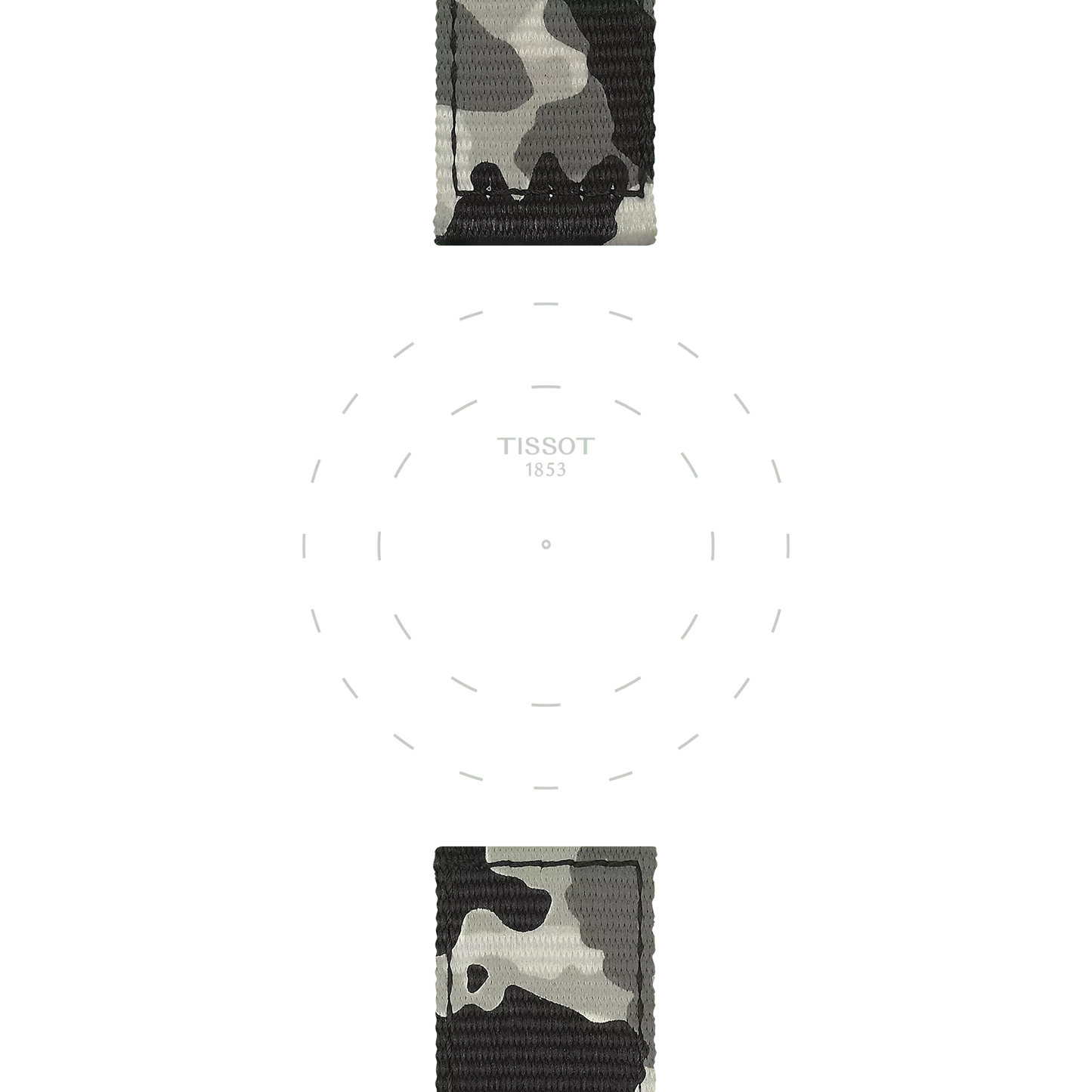 Top and bottom view of the Tissot Official Khaki Textile Strap (22 mm lugs) in a camouflage pattern, framing a blank Tissot watch face with dashed hour markers and "TISSOT 1853" text at the center.