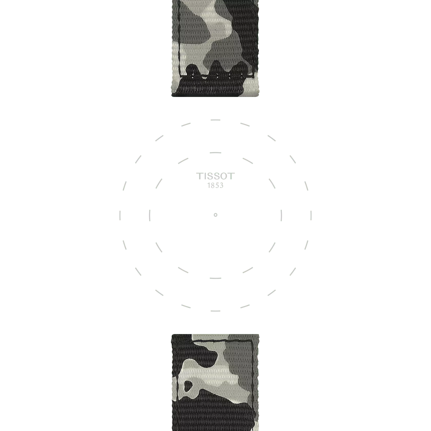 Top and bottom view of the Tissot Official Khaki Textile Strap (22 mm lugs) in a camouflage pattern, framing a blank Tissot watch face with dashed hour markers and "TISSOT 1853" text at the center.