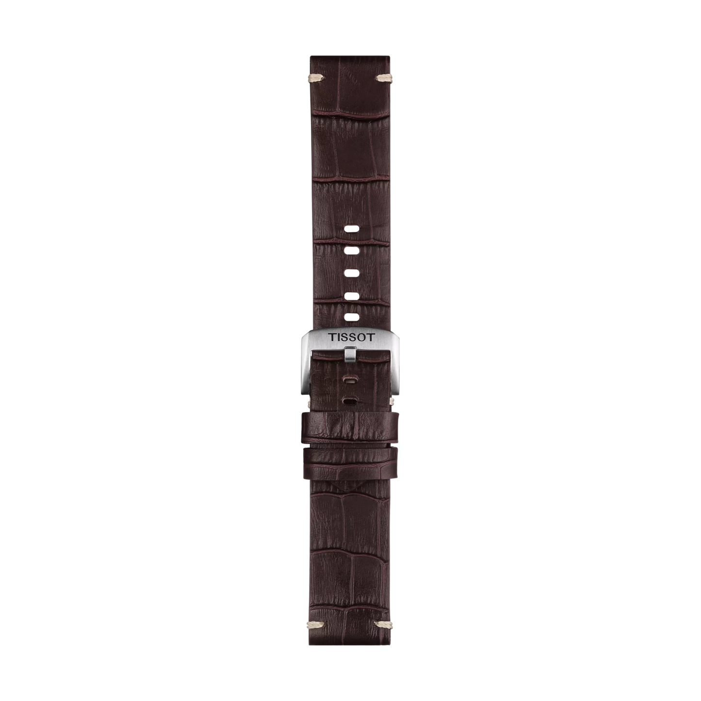 The Tissot Official Brown Leather Strap Lugs 22 mm features a dark brown crocodile-patterned leather design, a silver buckle engraved with "TISSOT," and multiple holes for adjustable sizing, set against a white background.