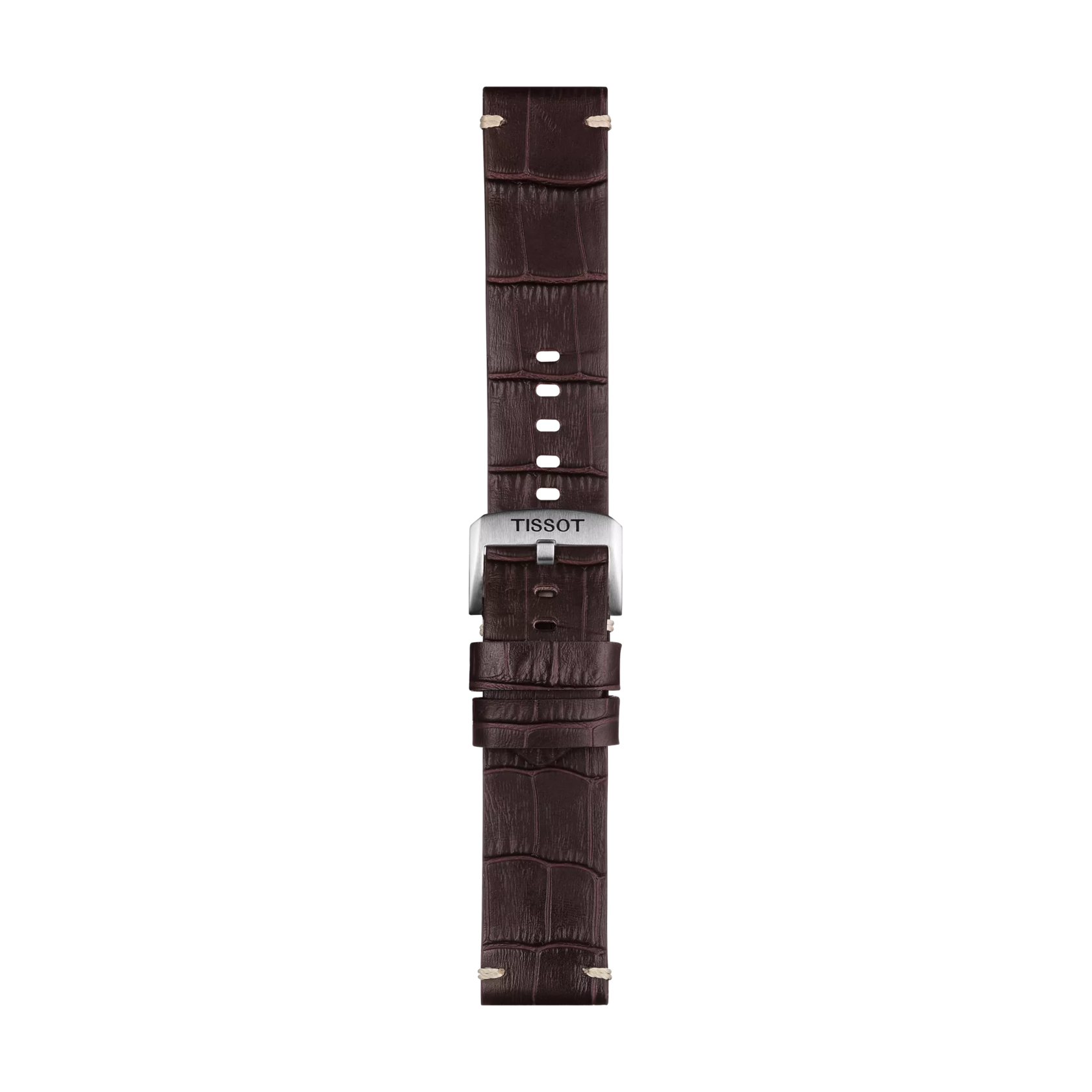 The Tissot Official Brown Leather Strap Lugs 22 mm features a dark brown crocodile-patterned leather design, a silver buckle engraved with "TISSOT," and multiple holes for adjustable sizing, set against a white background.
